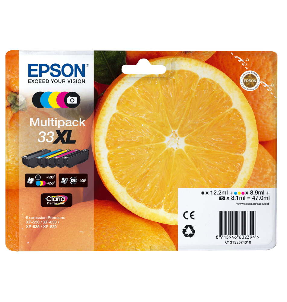 Tinteiro EPSON Multipack 33XL (12,2ml Preto - 26,7ml Cores - 8,1ml Foto Preto)