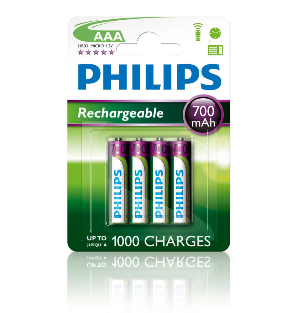Pilhas PHILIPS Rechargeable (AAA - 1,2V - 4 Unidades)