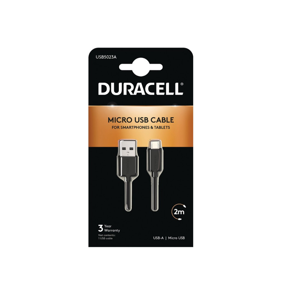 Cabo DURACELL USB5023A (USB-A-Micro USB - 2m - Preto)