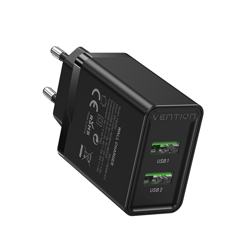 Cargador de Pared Vention FBAB0-EU 2xUSB 18W Negro