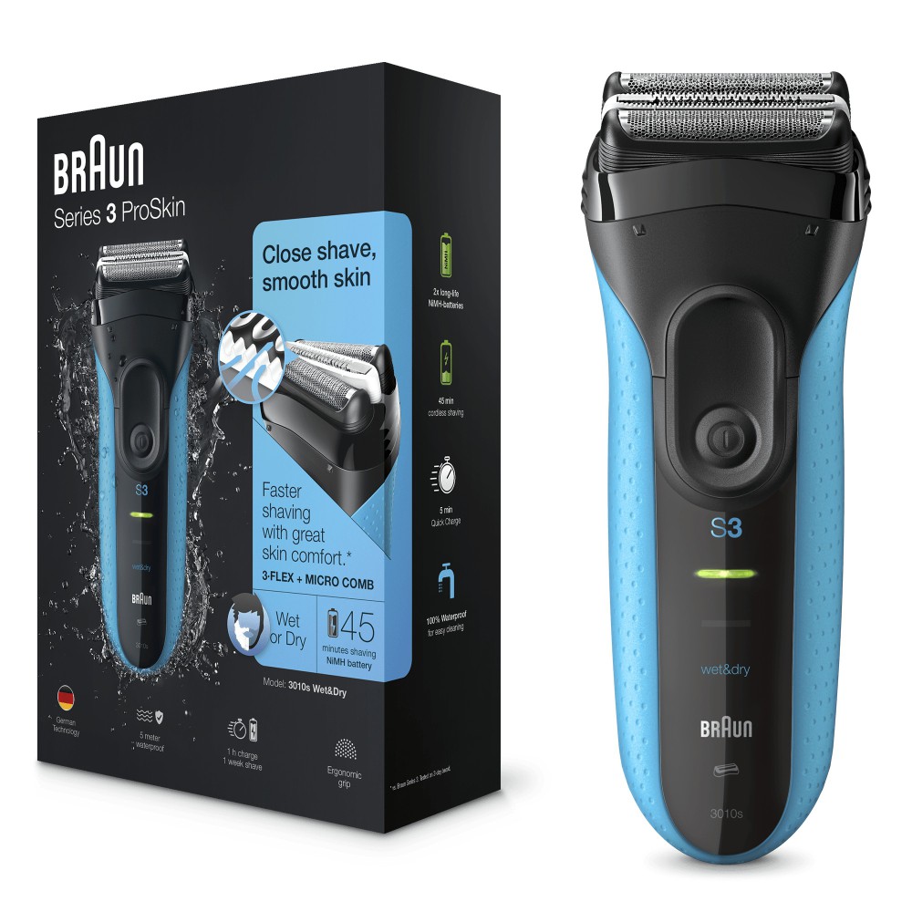 Braun Series 3 3010 Wet & Dry Máquina de barbear com lâminas que se adaptam ao contorno do rosto Aparador Preto, Azul