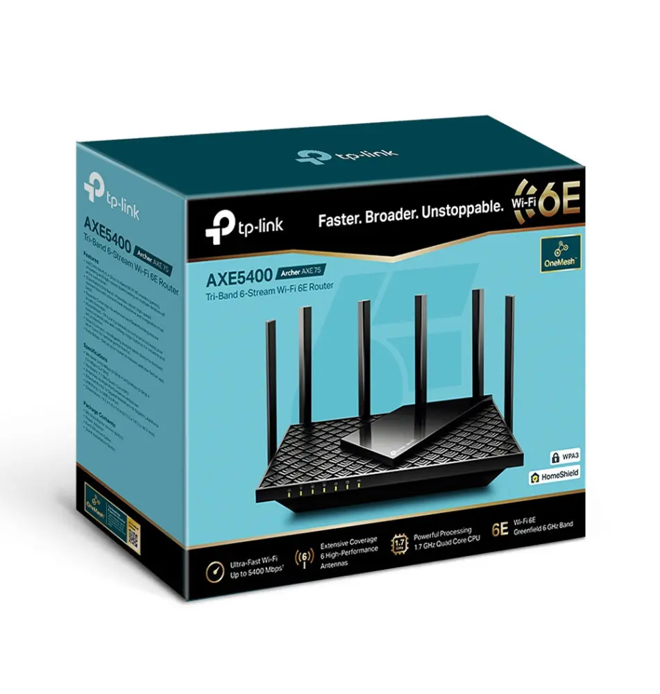 Router TP-LINK Archer AXE75 (2,4GHz 5GHz 6GHz - Wi-Fi6e - 5 Portas)