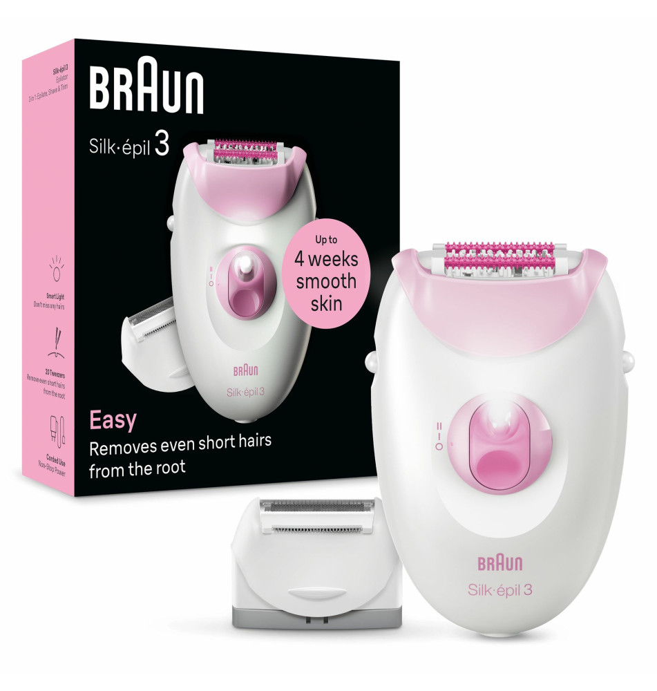 Depiladora BRAUN Silk-épil 3 (2 velocidades - 20 pinças - Rosa Branco)