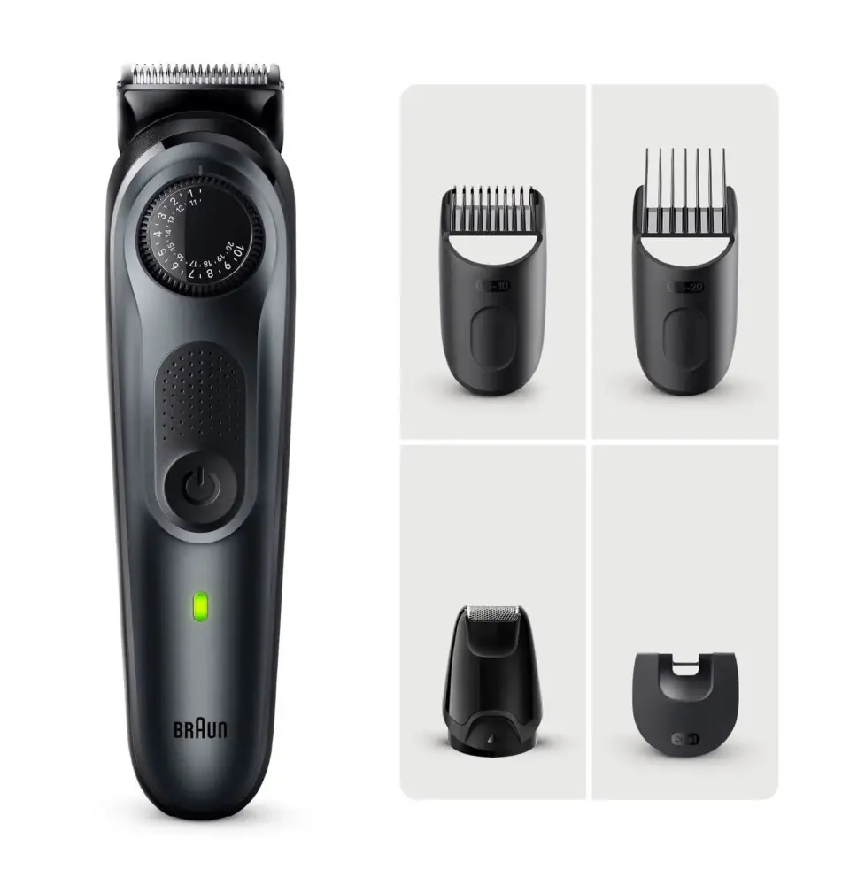 Aparador de Barba BRAUN BeardTrimmer 5 (40 medidas - 4 acessórios - Preto)