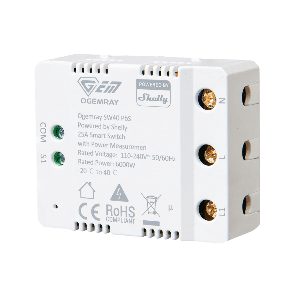 Relé Inteligente SHELLY Ogemray SW40 PbS (Wi-Fi 2,4 GHz - Bluetooth - 25A/6000W)
