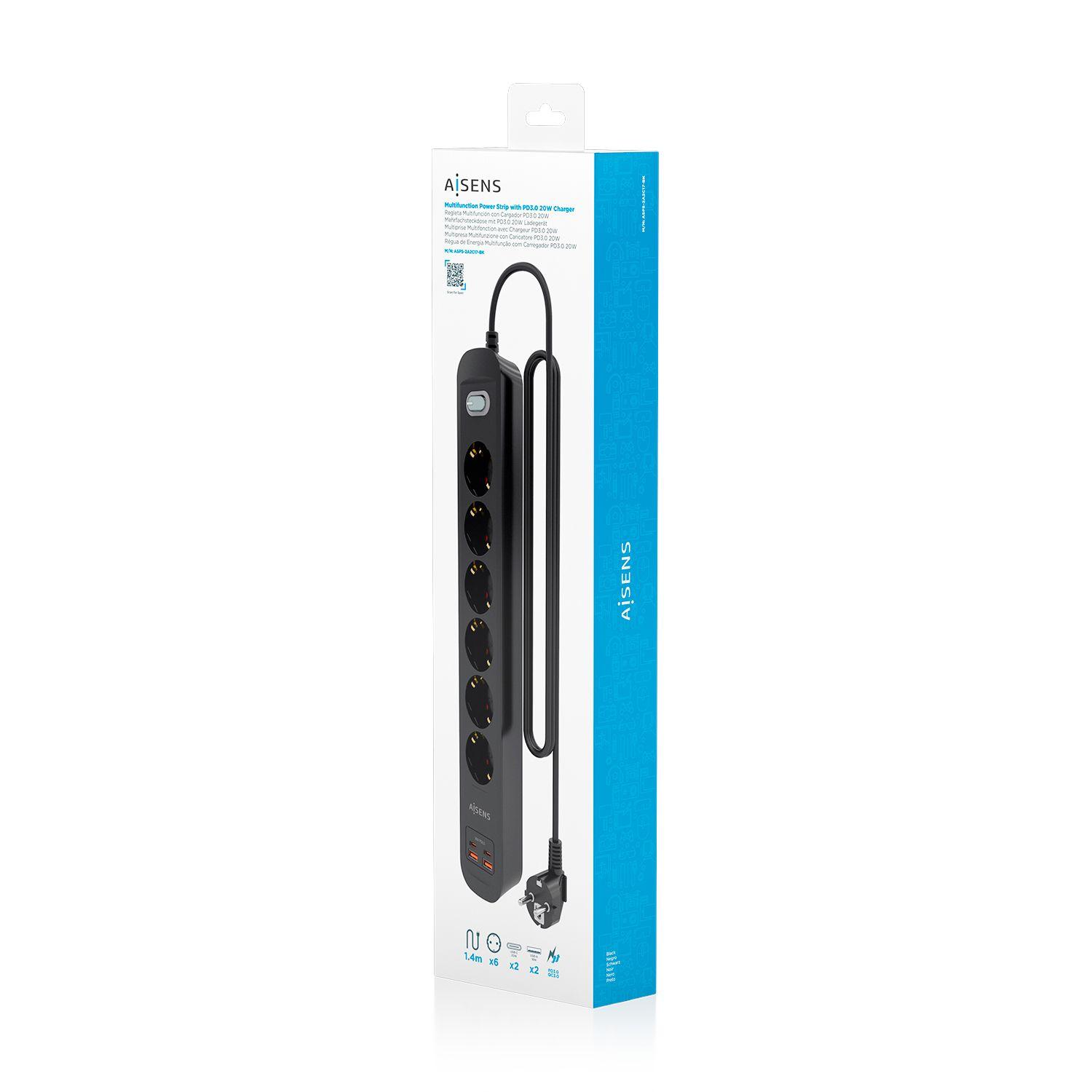 Bloco de Tomadas AISENS ASPS-2A2C17-BK (1,4 m - Tipo F - Preto), miniatura 7