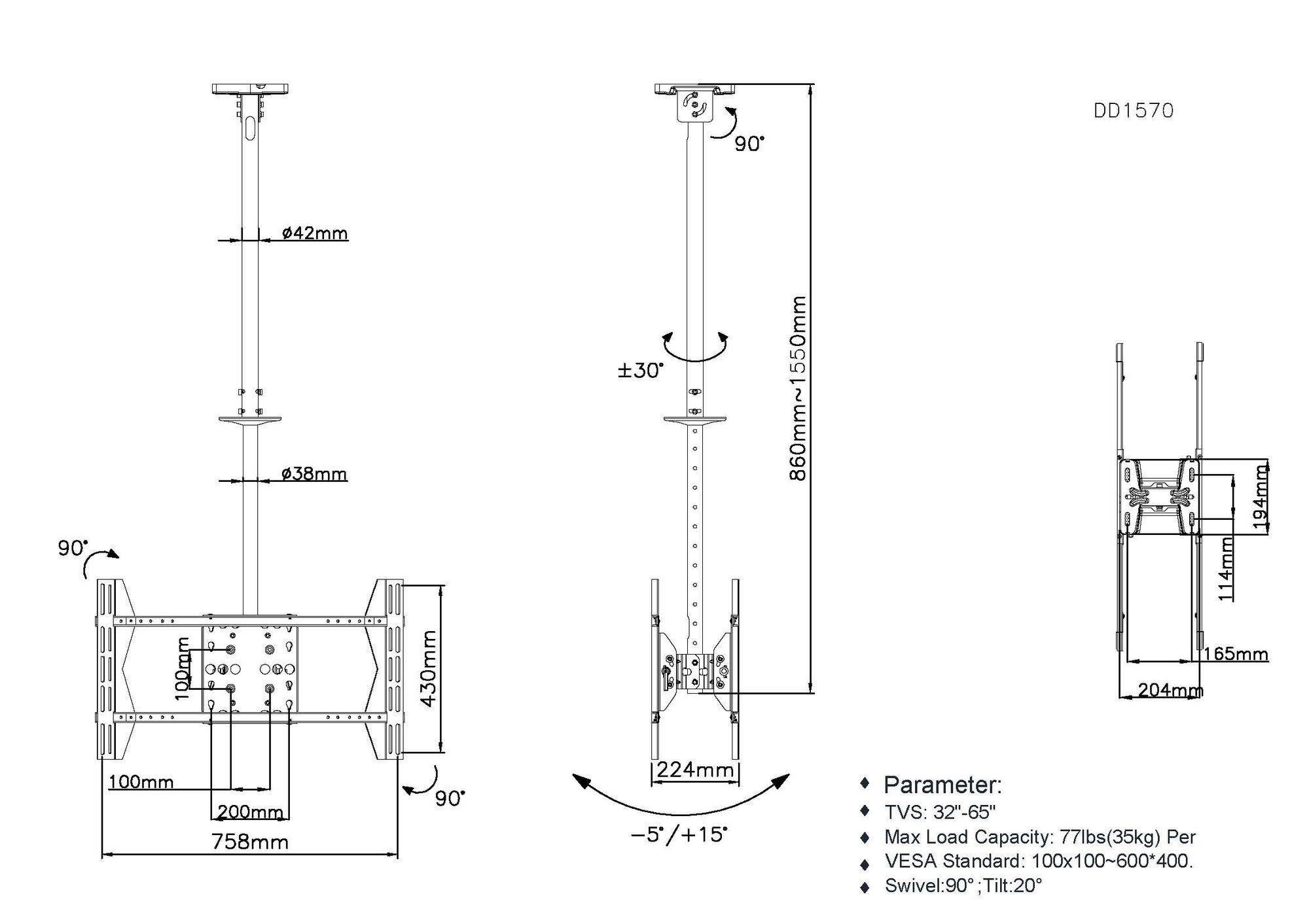 Suporte de Teto para 2 Ecrãs EQUIP 650370 (32"–65" - 80 kg - Preto), miniatura 7
