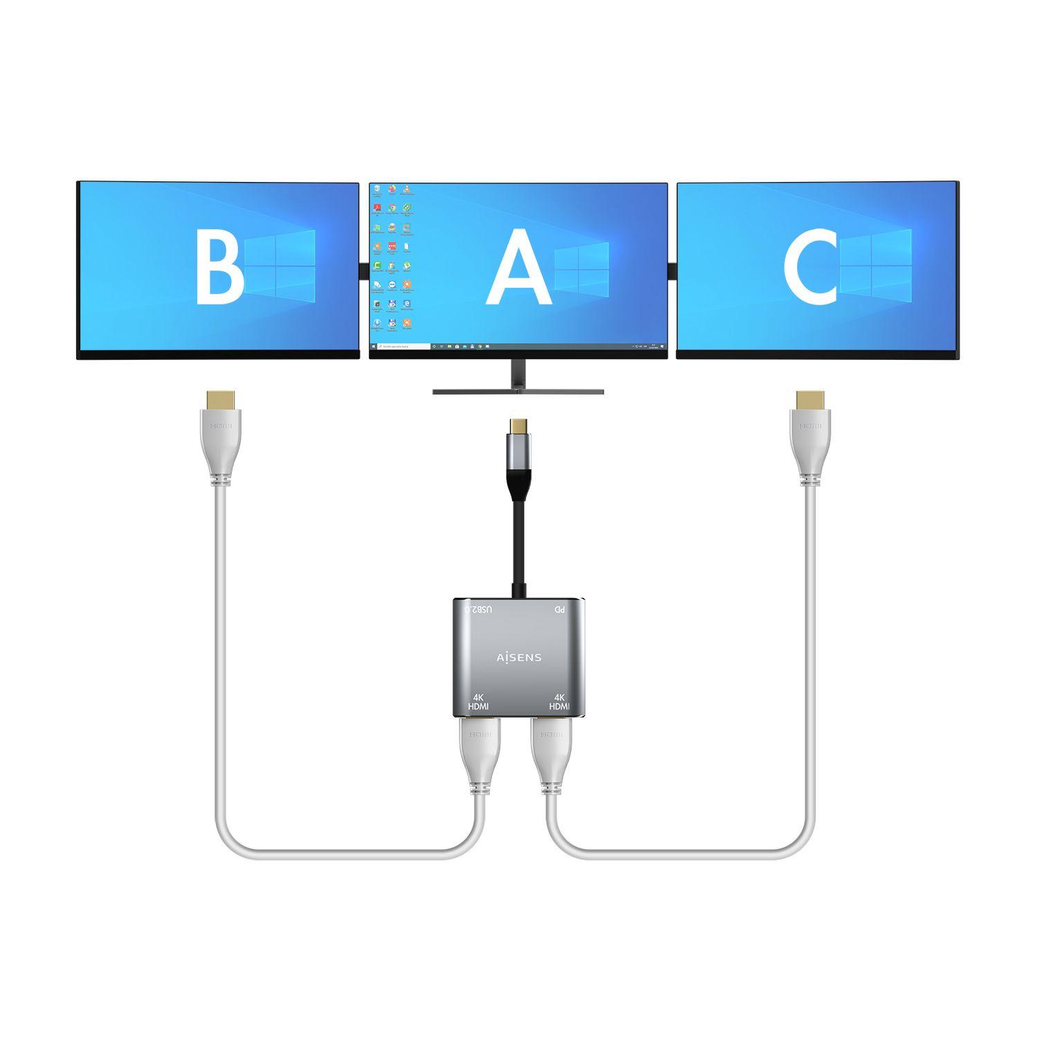 Conversor USB-C para 2x HDMI AISENS A109-0625 (0,15 m - USB Type-C - Cinzento), miniatura 4