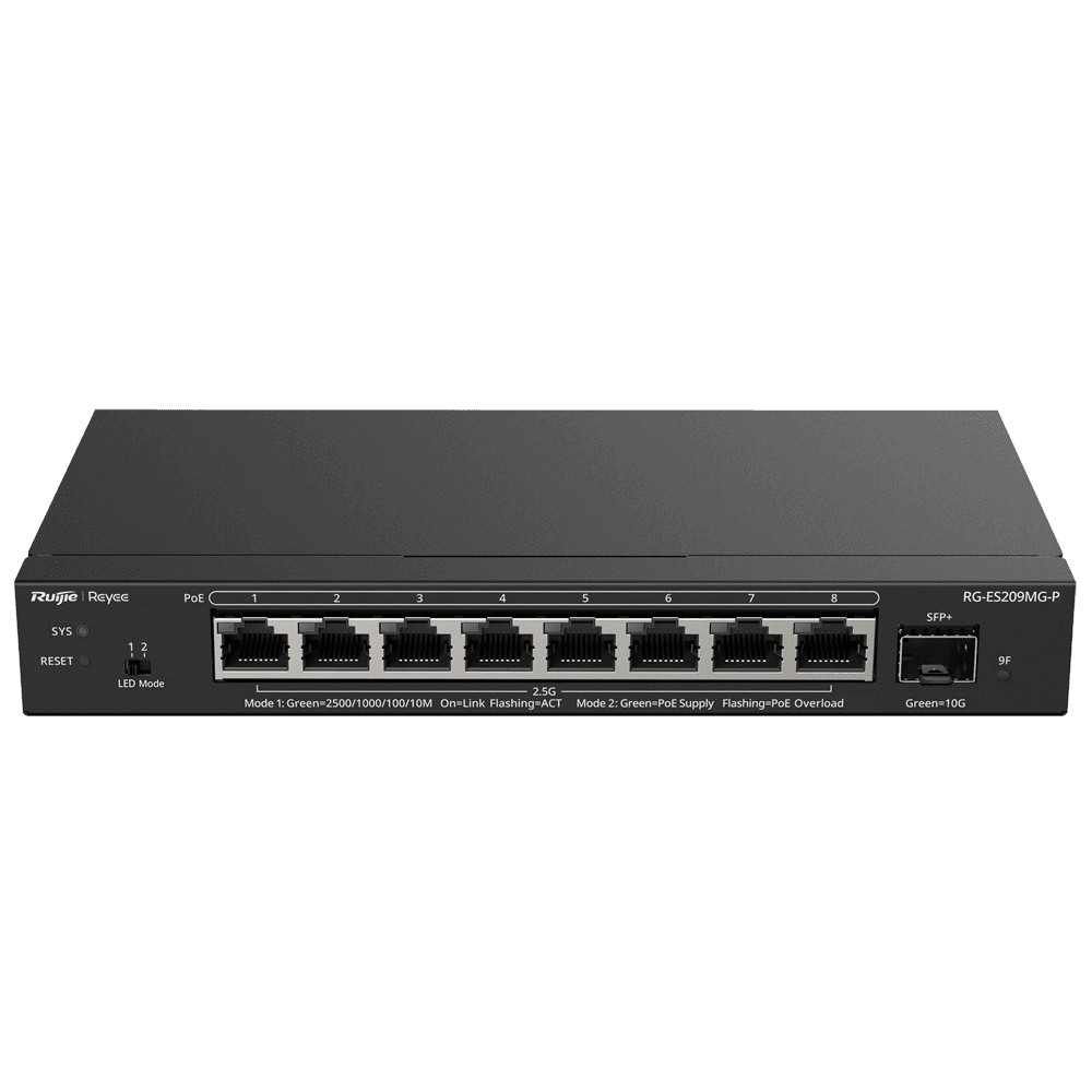 Switch de Rede Gerível REYEE RG-ES209MG-P (2,5 Gb/s - PoE+ IEEE 802.3af/at - Preto)