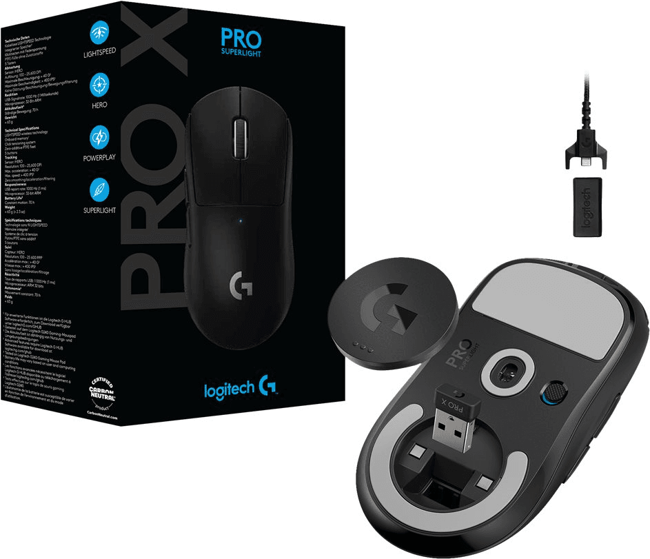 Rato LOGITECH PRO X SUPERLIGHT (Mão direita - 25600 DPI - HERO - Preto)