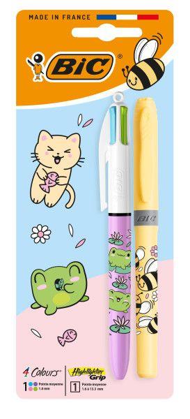 Conjunto de Esferográfica e Marcador BIC 4 Colours Decors Kawaii Pack (Ponta média 1,0 mm - Cores sortidas)