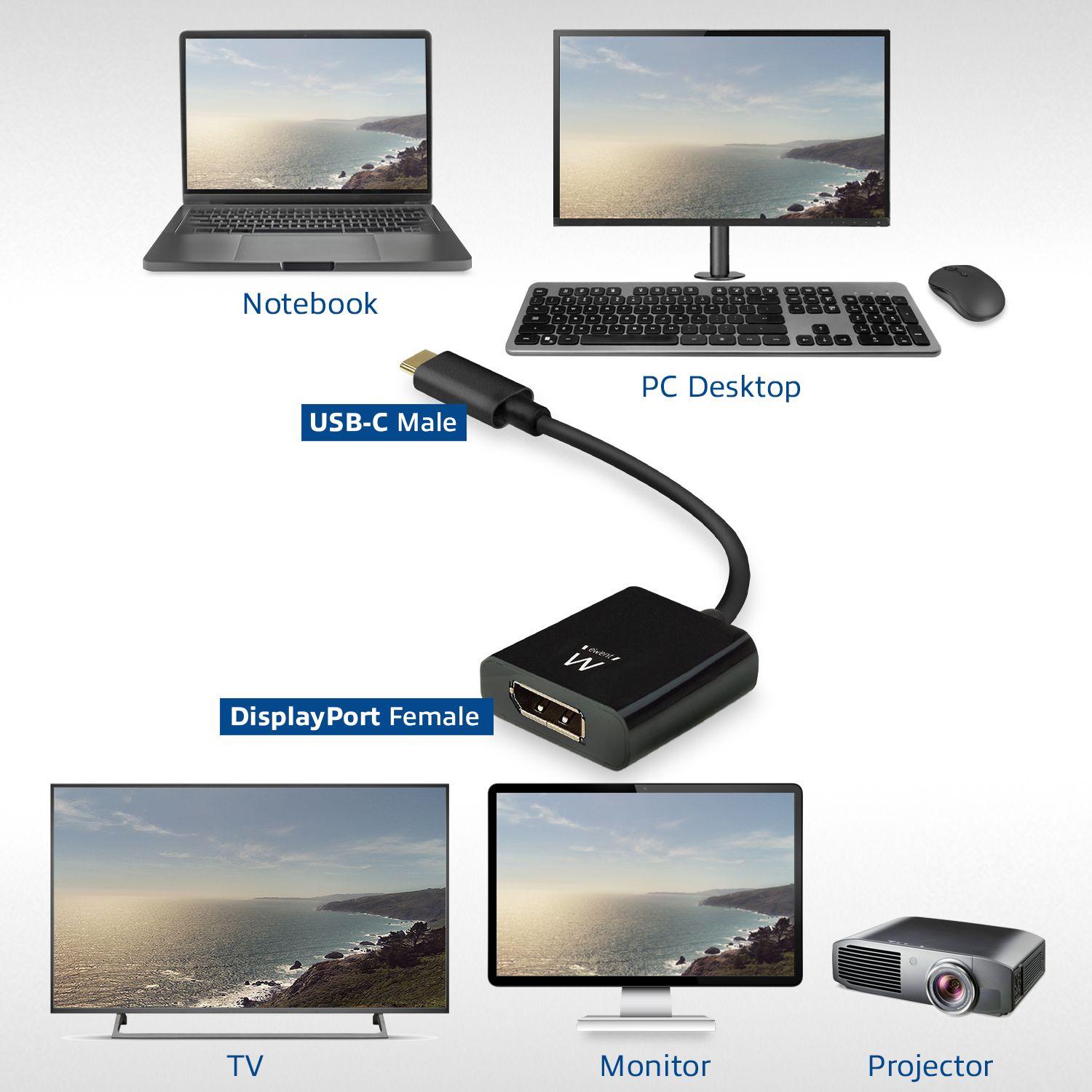 Adaptador USB-C para DisplayPort EWENT EW9825 (0,15 m - USB Type-C - DisplayPort - Preto), miniatura 6