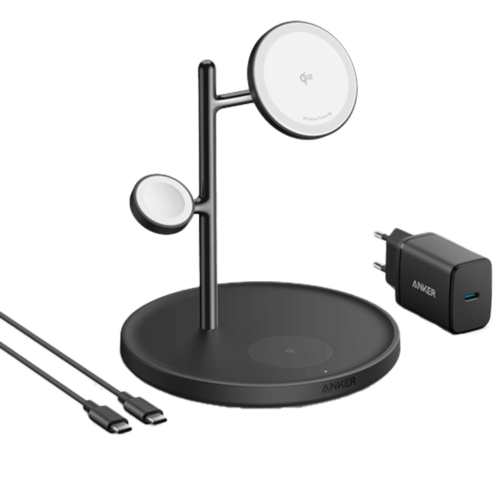 Estação de Carregamento Sem Fios ANKER MagGo 3 em 1 (Até 25 W - Apple - Preto)