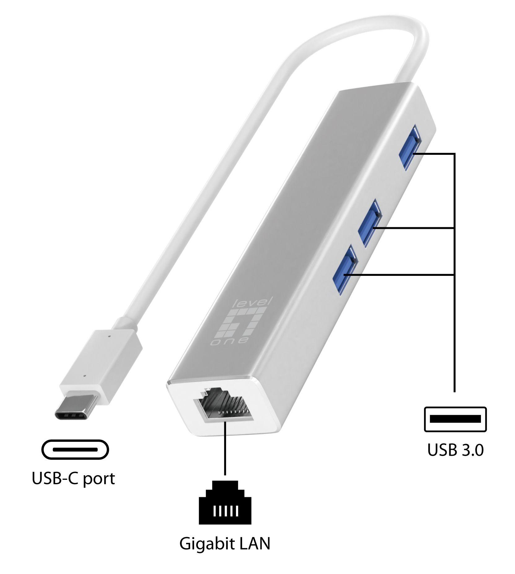 Adaptador USB-C para Ethernet LEVELONE USB-0504 (Gigabit Ethernet - 3 portas USB 3.2 - 0,15 m - Prateado), miniatura 2
