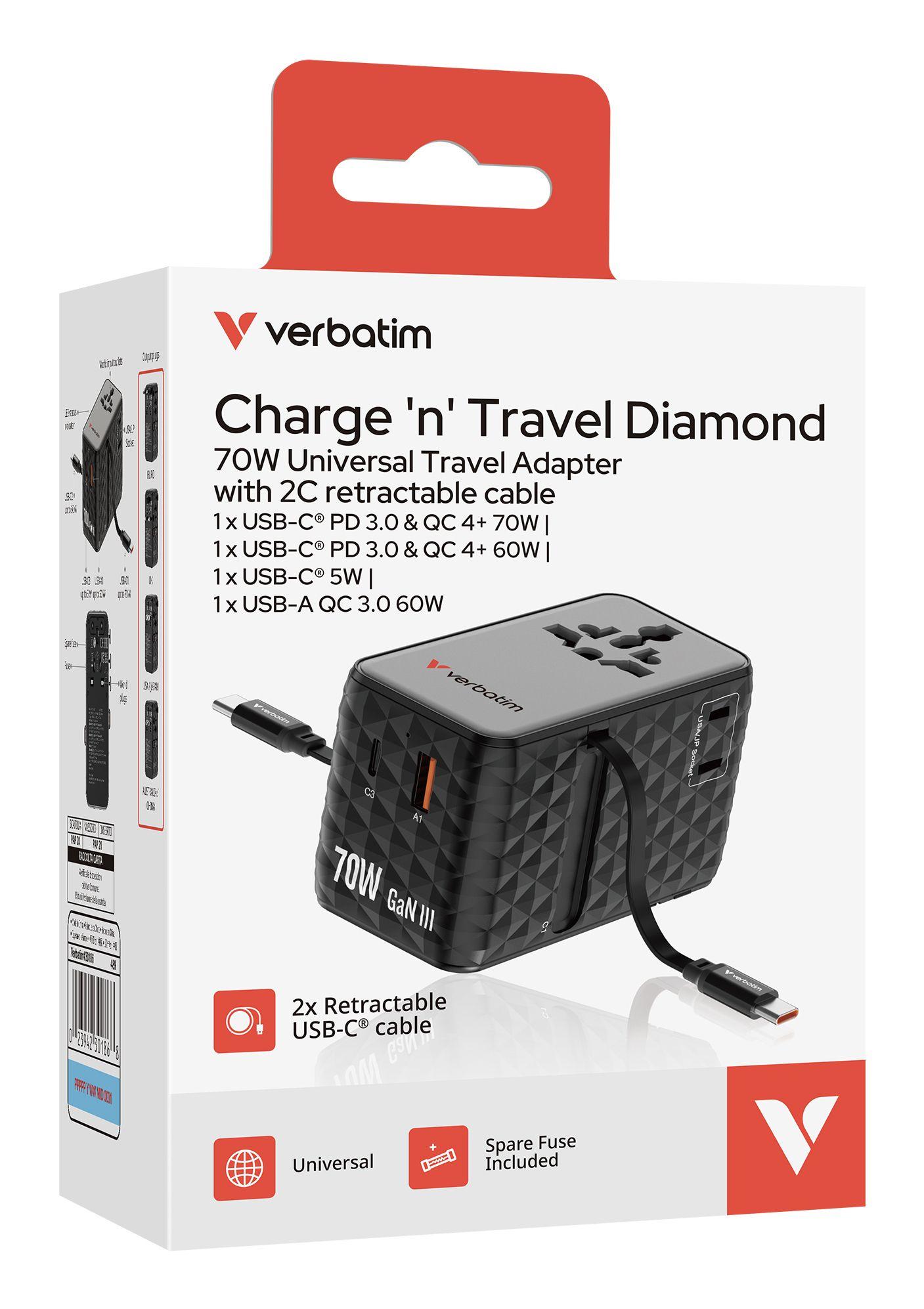 Carregador de Viagem VERBATIM Charge'n'Travel Adapter 70W 2C retractable (USB-C - Universal - AC - Preto), miniatura 3