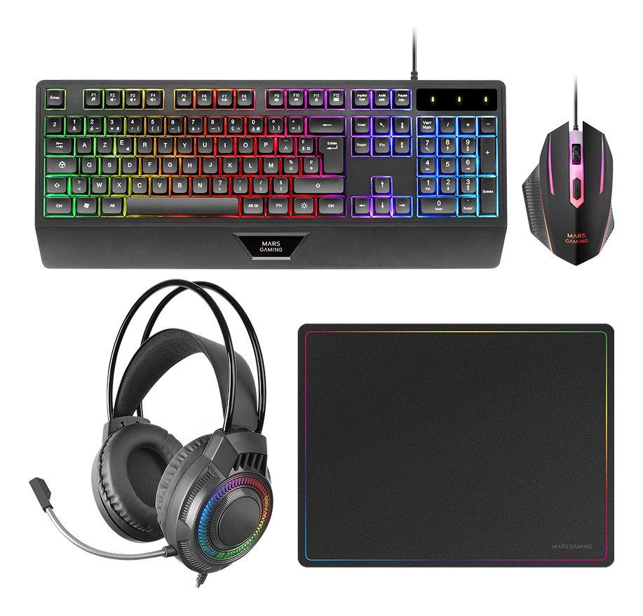 Conjunto Teclado, Rato, Headset e Tapete MARS GAMING MCP124PROFR (Francês - Mars Gaming H-Mechanical Red - Tamanho completo - Preto)