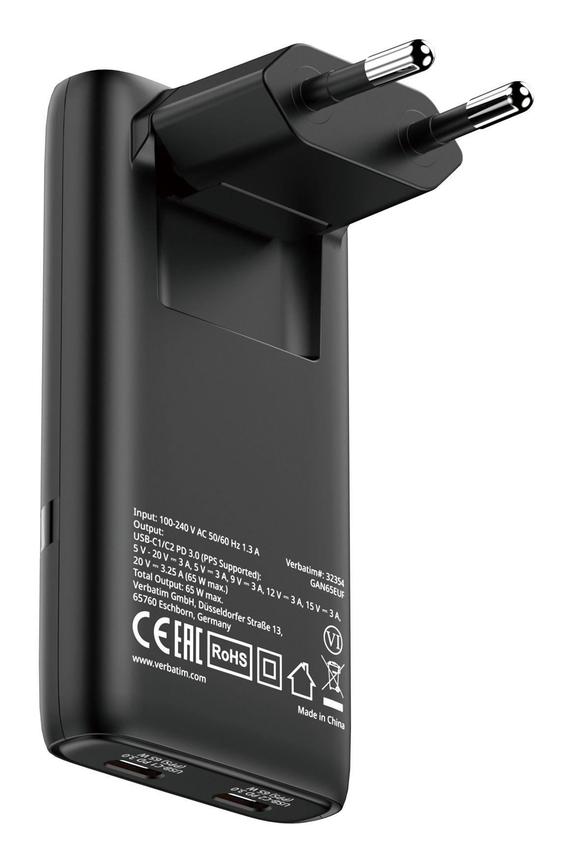 Carregador de Parede VERBATIM GaN III Fold 'n' Go 32354 (65 W - Preto)