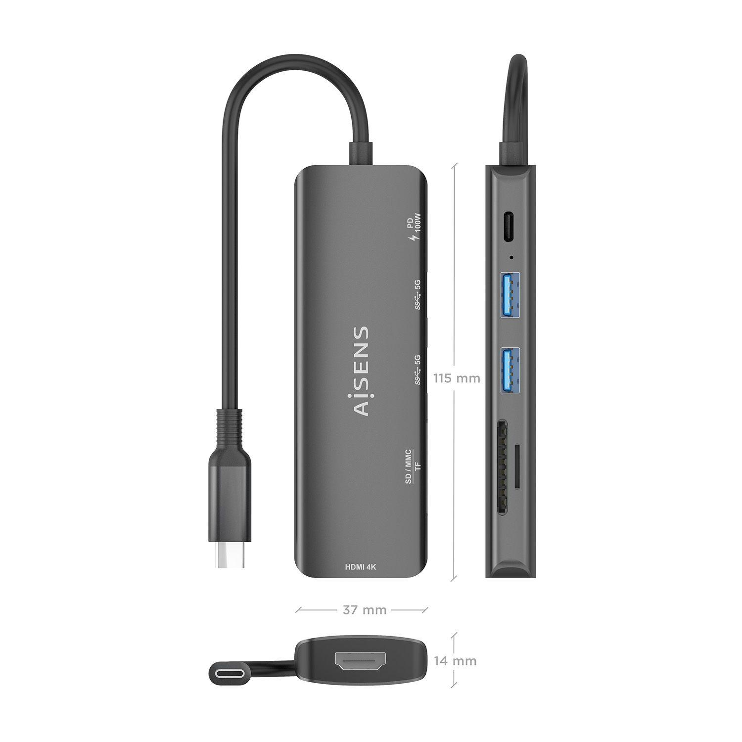Hub USB-C AISENS ASUC-6P023-GR (0,15 m - Cinzento), miniatura 4