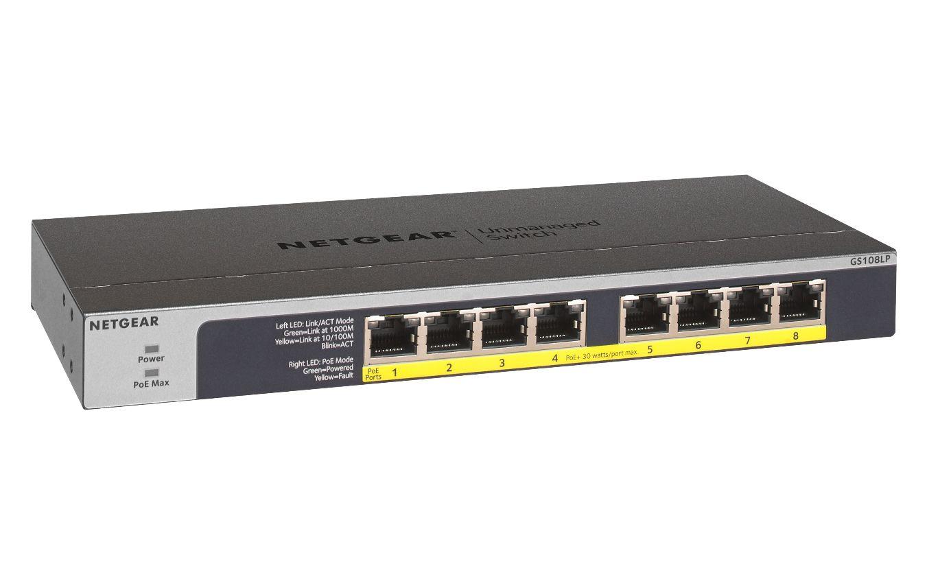 Switch NETGEAR GS108LP-100EUS (Gigabit Ethernet - 10,100,1000 Mbit/s - 192 KB - Preto e Cinzento) — miniatura 2