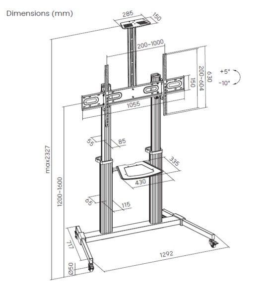 Carrinho de Chão para TV com Rodas EQUIP 650631 (60"-100" - VESA até 1000 x 600 mm - Preto), miniatura 7