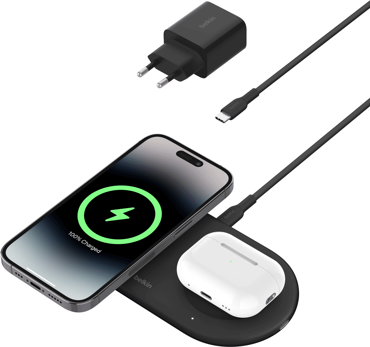 Carregador Sem Fios BELKIN BoostCharge Pro 2-in-1 Qi2 WIZ021vfBK (USB-C - Preto)