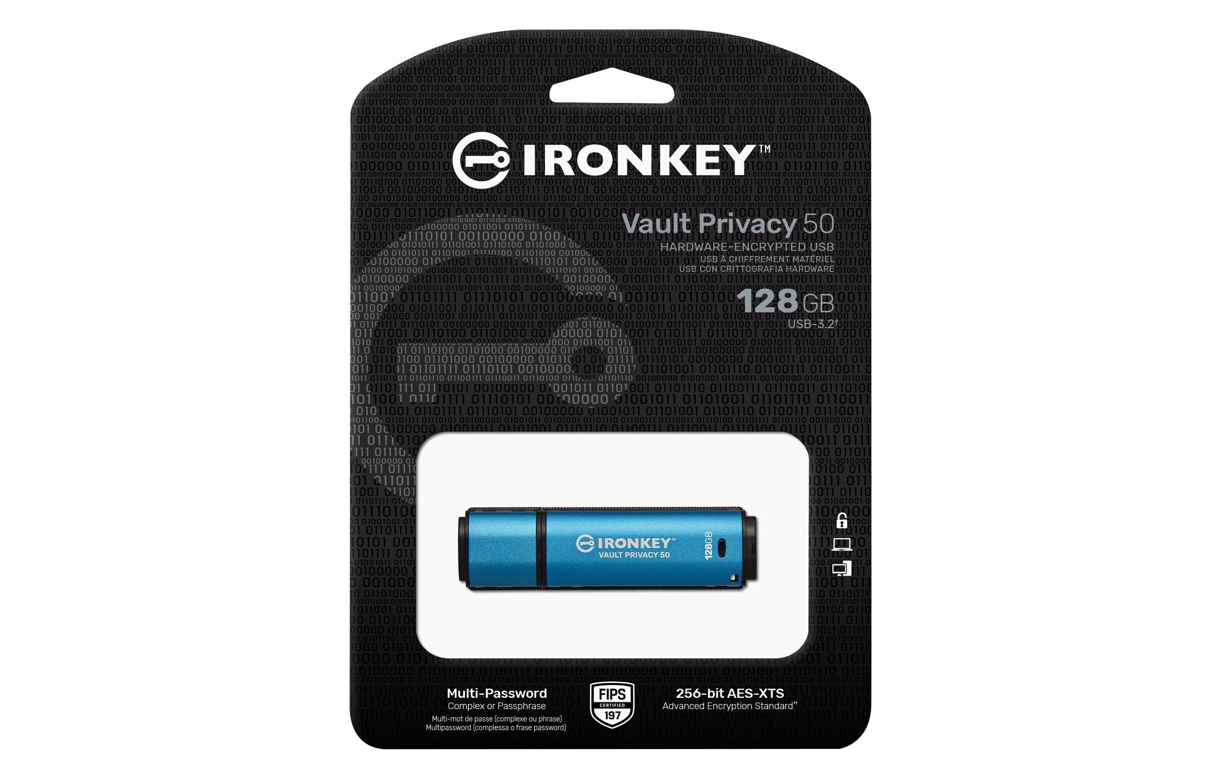 Pen USB KINGSTON IronKey Vault Privacy 50 (Tampa - USB Type-A - 3.2 Gen 1 - Preto e Azul) — miniatura 3