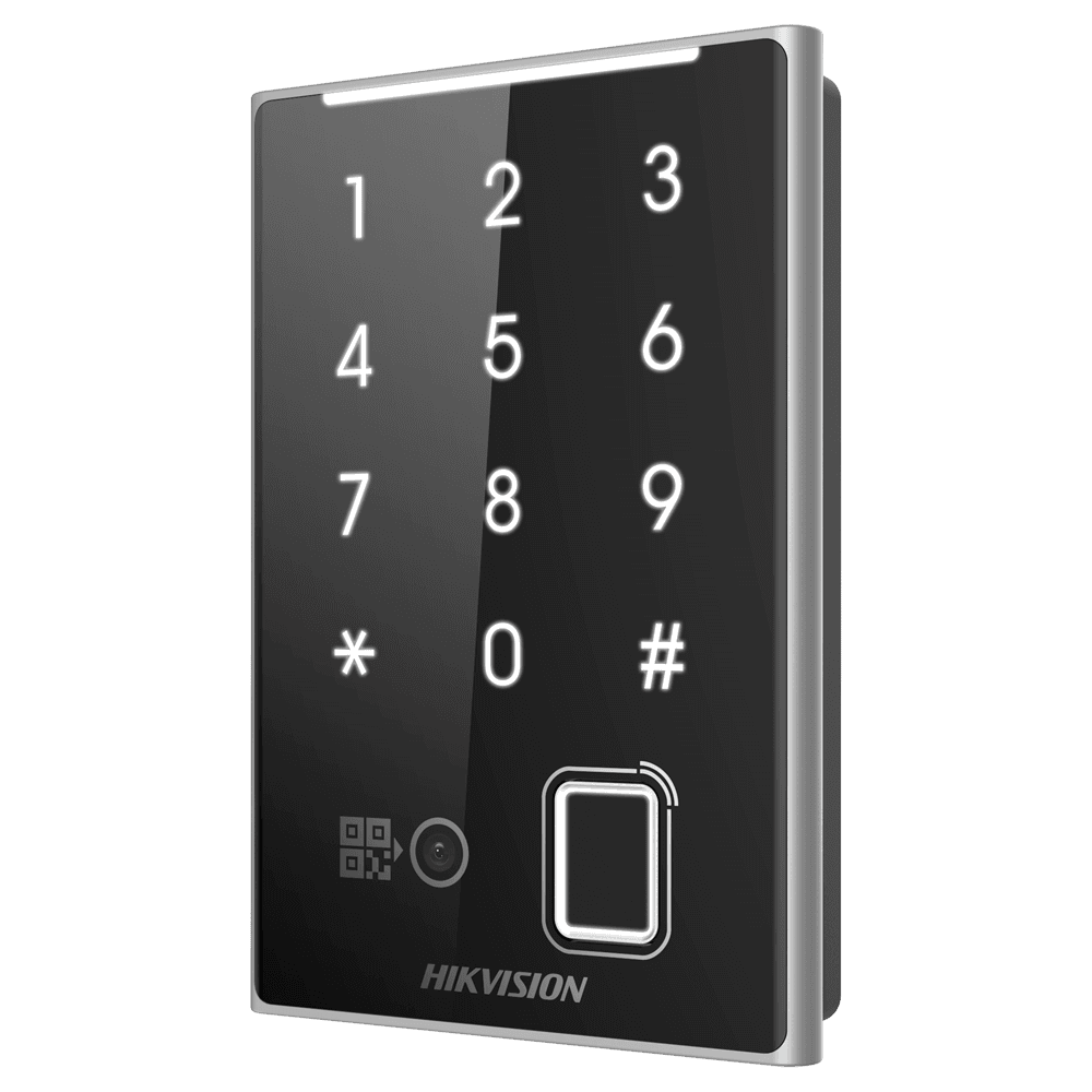 Leitor de Controlo de Acessos HIKVISION DS-K1109DKFB-QR (Impressão Digital - Cartão MF DESFire - QR - PIN - IP65)