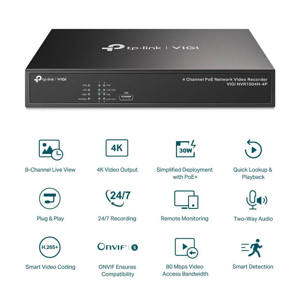 Gravador de Vídeo em Rede TP-LINK VIGI NVR1004H-4P (Preto), miniatura 3