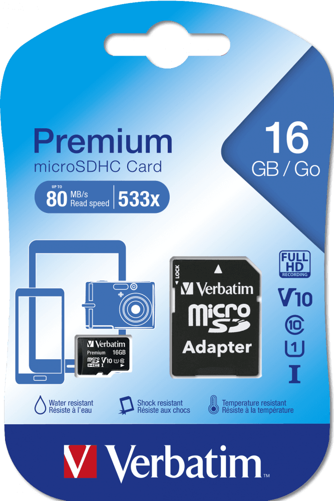 Cartão de Memória VERBATIM 44082 (16GB - Classe 10 - 80 MB/s - Preto)