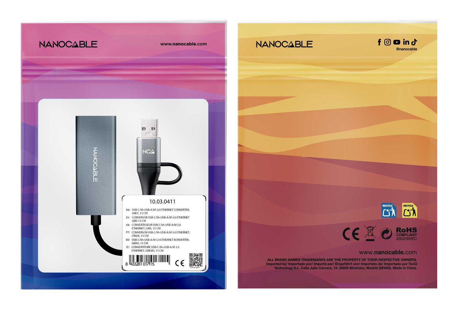 Adaptador de Rede USB-C + USB-A NANOCABLE 10.03.0411 (Gigabit Ethernet - 15 cm - Cinzento) — miniatura 4