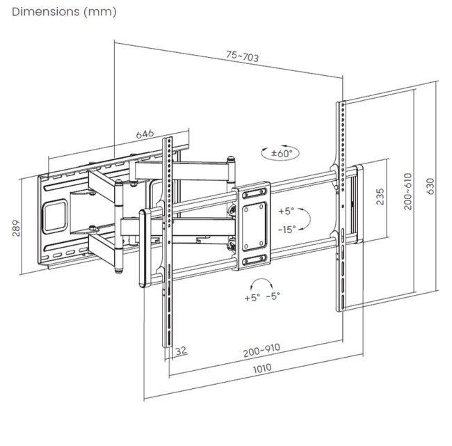 Suporte de Parede Articulado para Televisão EQUIP 650342 (37"-70" - VESA 600 x 400 mm - 35 kg - Preto), miniatura 9