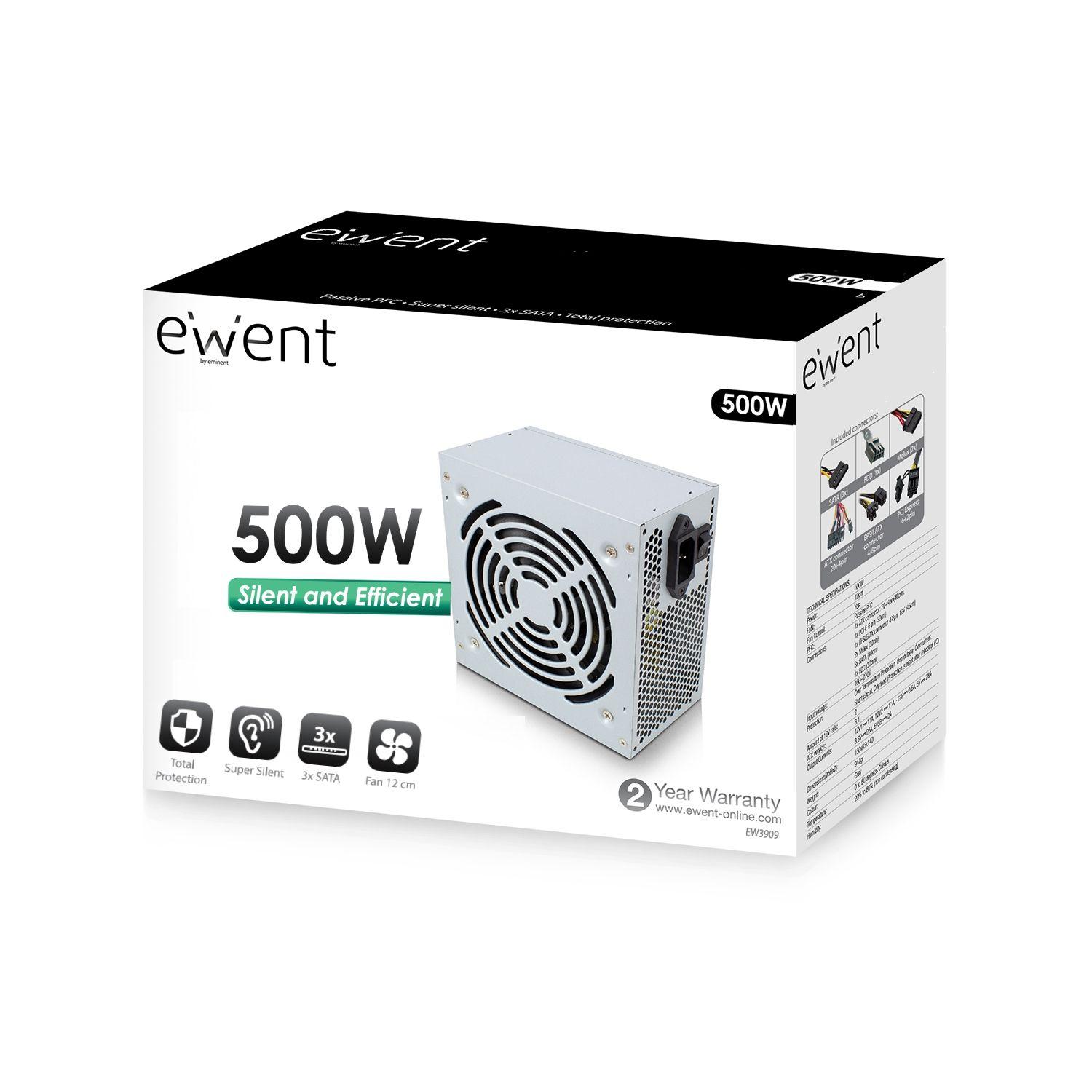 Fonte de Alimentação EWENT EW3909 (ATX - 500 W - Não modular - Cinzento) — miniatura 3