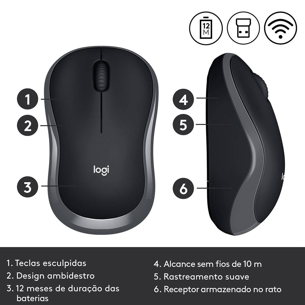Rato LOGITECH M185 (Ambidestro - 1000 DPI - Ótico - Cinzento/Preto) — miniatura 5
