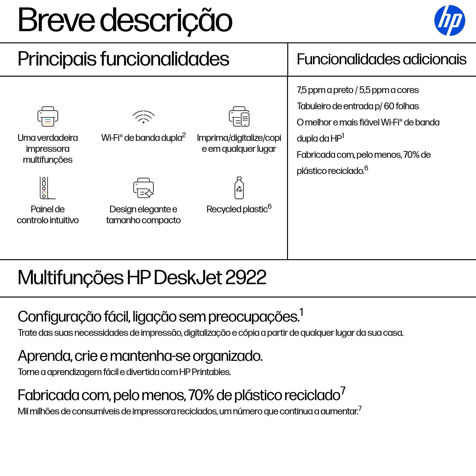 Impressora Multifunções HP DeskJet 2922 (A4 - Impressão a cores - 60 folhas - Branco), miniatura 3