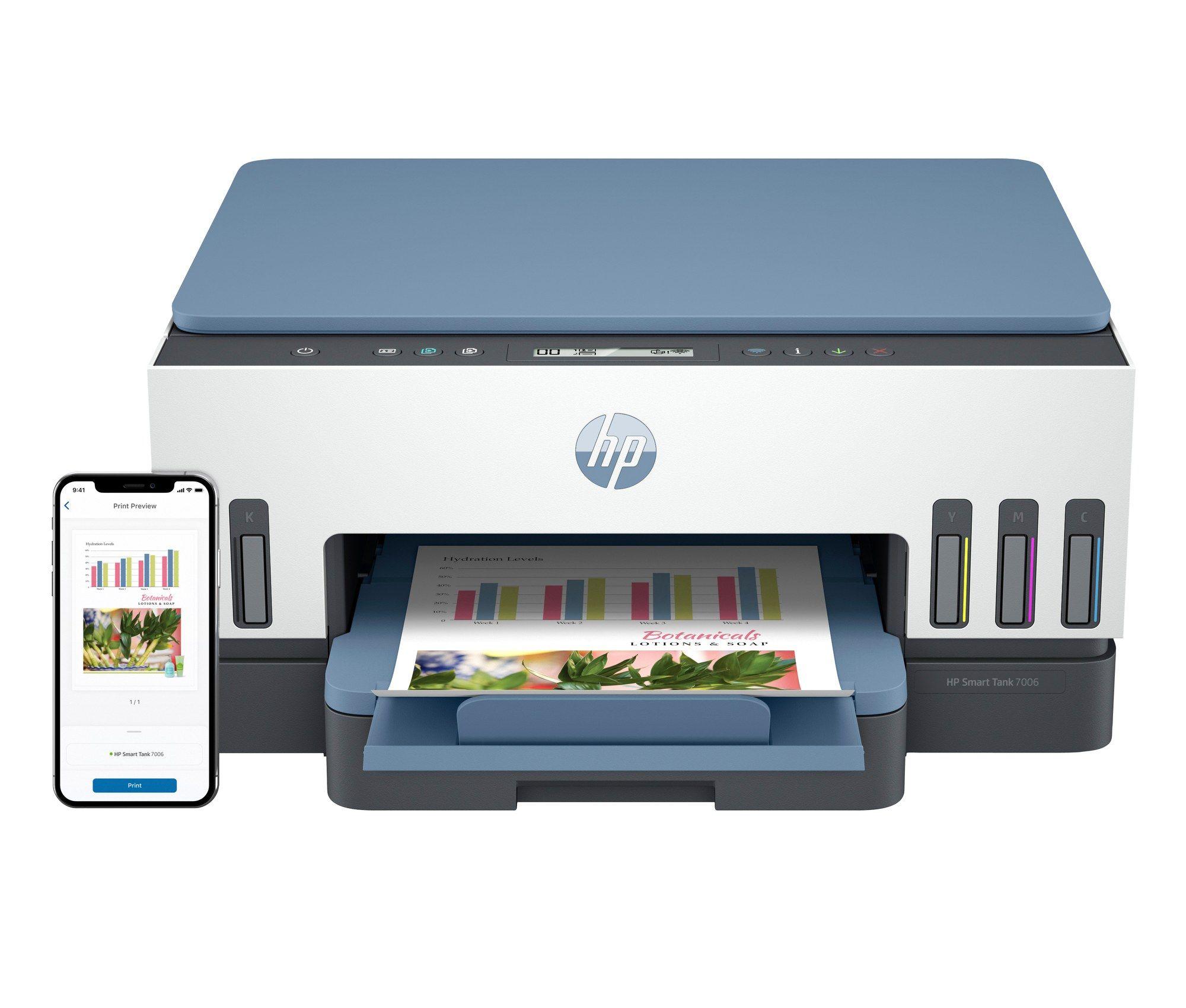 Impressora Multifunções HP Smart Tank 7006 (A4 - Impressão a cores - 250 folhas - Azul e Branco)
