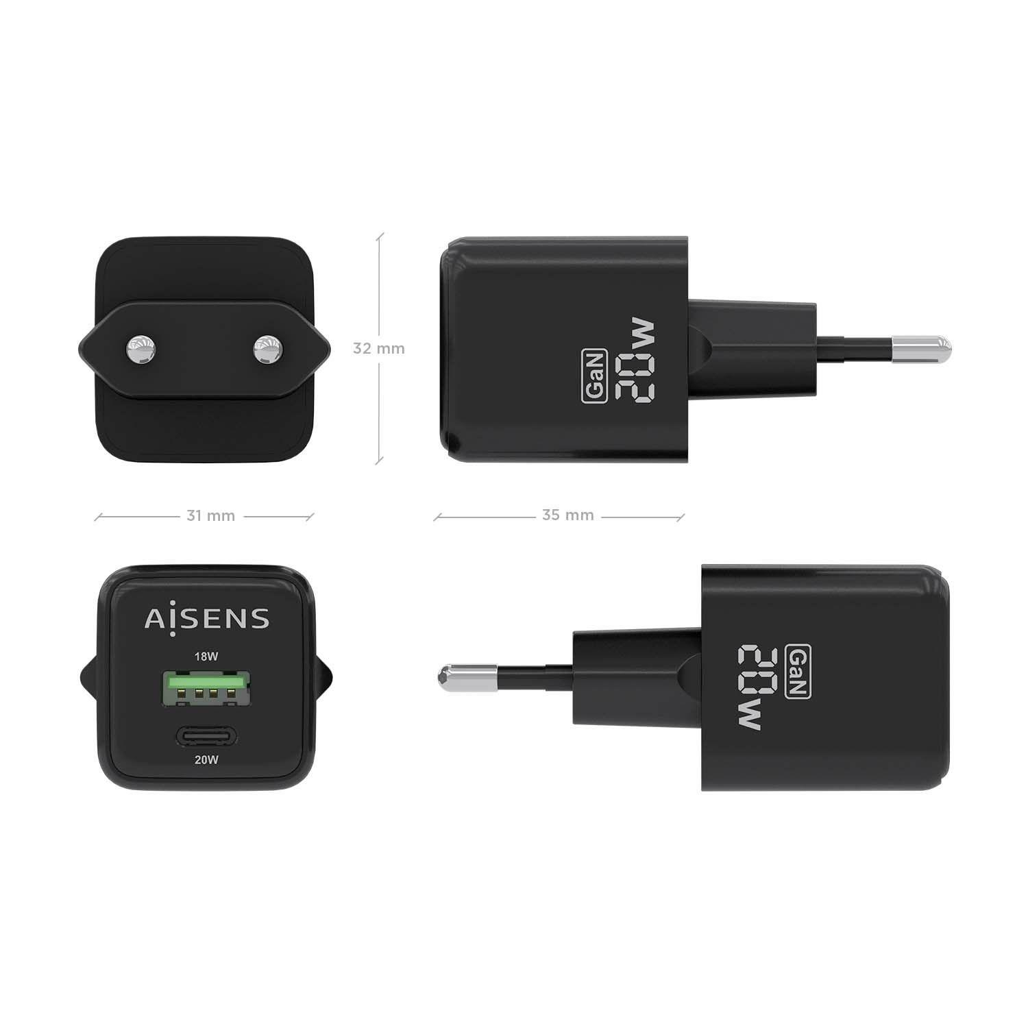 Carregador de Parede AISENS ASCH-20W2P011-BK (GaN - Preto), miniatura 4