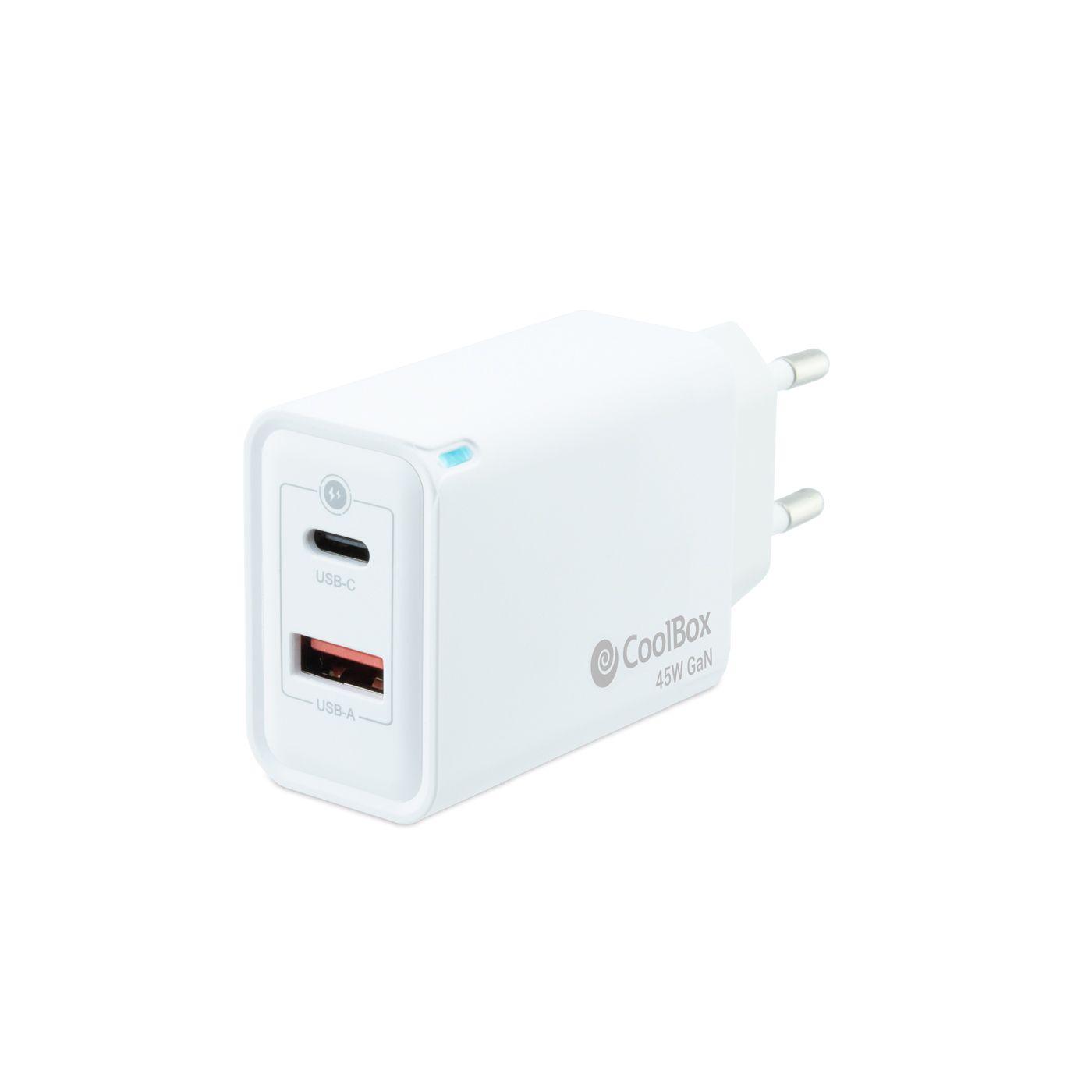 Carregador de Parede COOLBOX COO-CUP-45CA (1 USB-A USB 2.0 e 1 USB-C - Universal - AC - Branco)