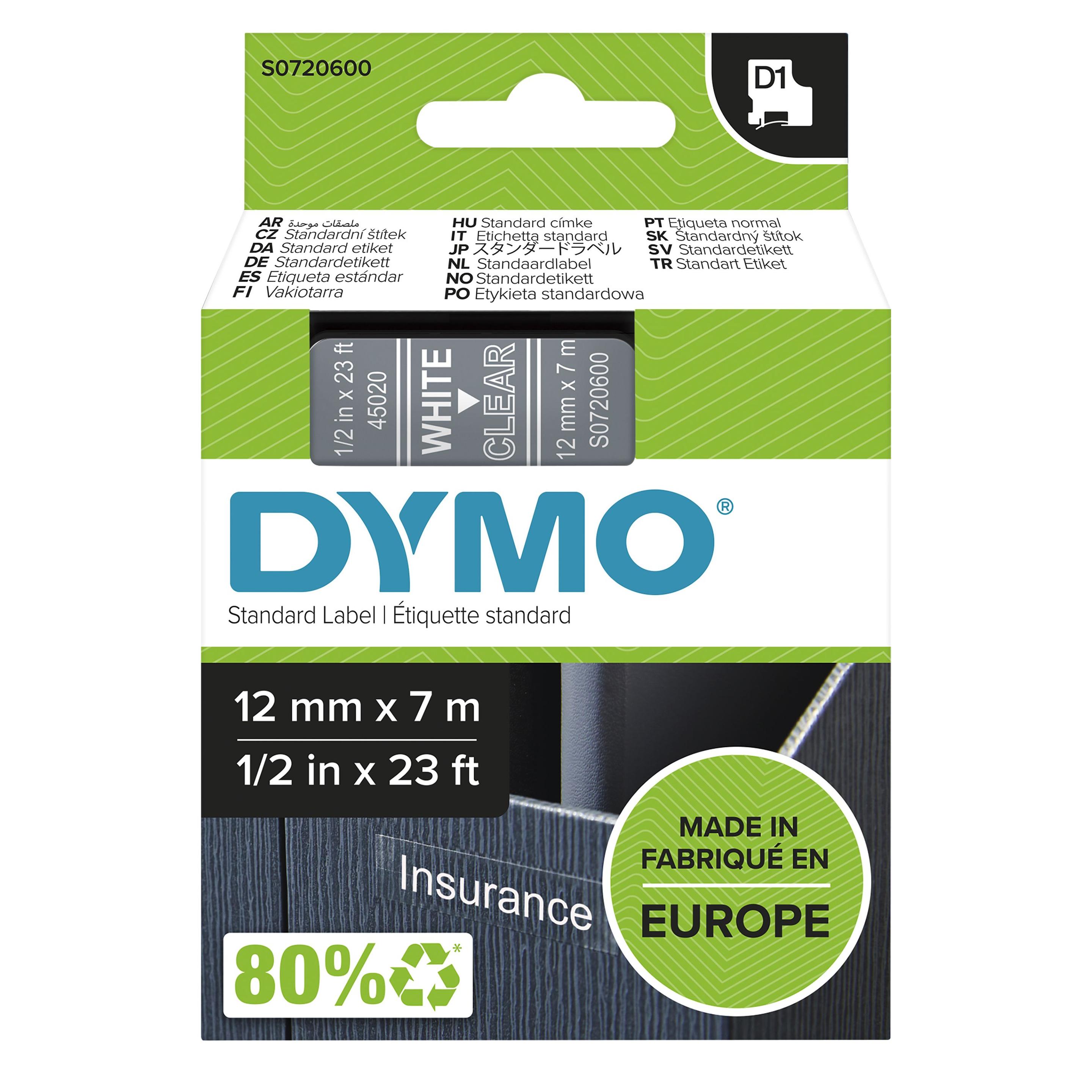 Fita de Impressão DYMO D1 45020 (Branco sobre Transparente)
