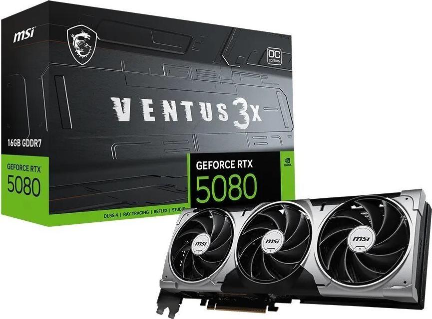 Placa Gráfica MSI GeForce RTX 5080 VENTUS 3X OC (NVIDIA GeForce RTX 5080 - 30 Gbps - 16 GB - Preto)