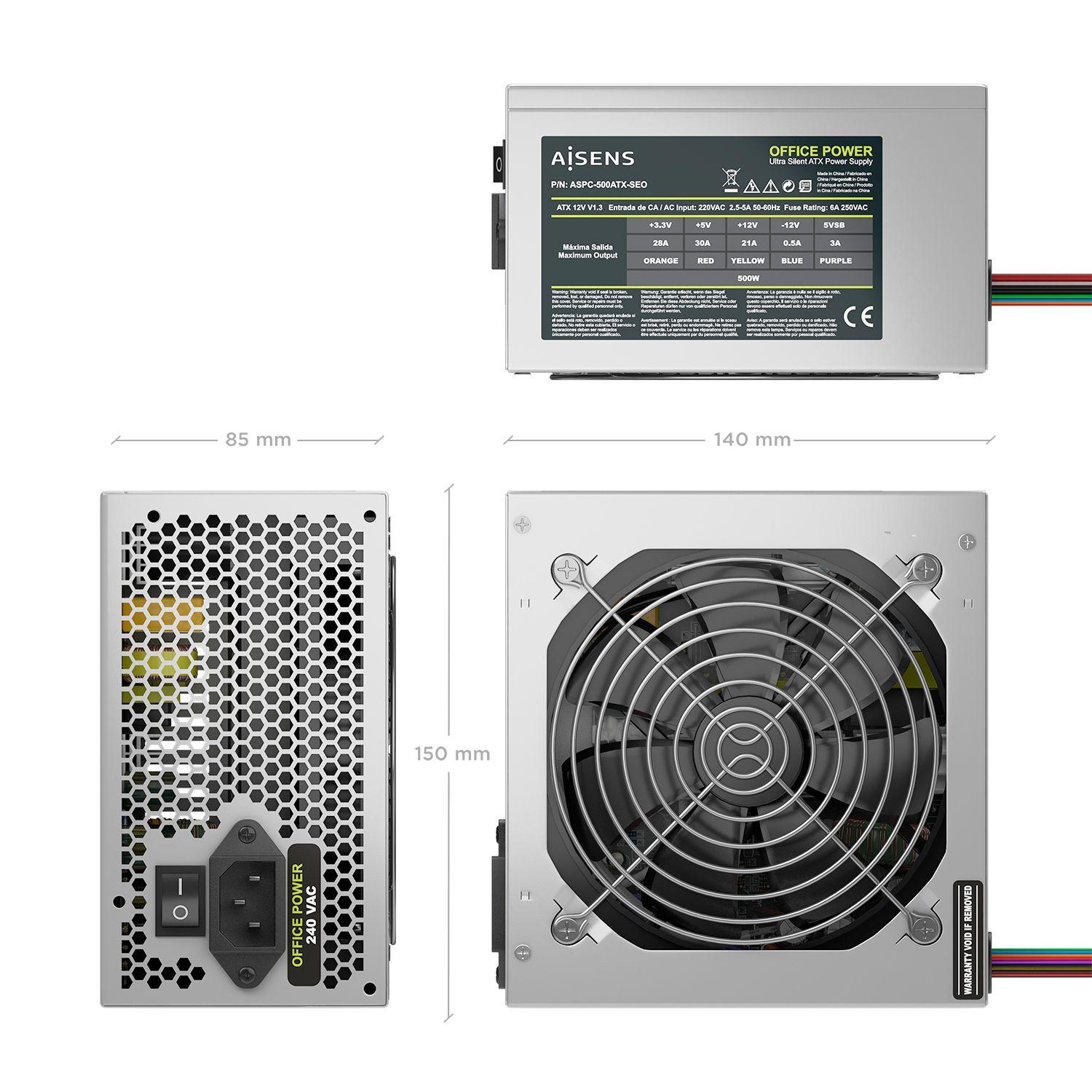 Fonte de Alimentação AISENS ASPC-500ATX-SEO (ATX - 500 W - Prateado), miniatura 3