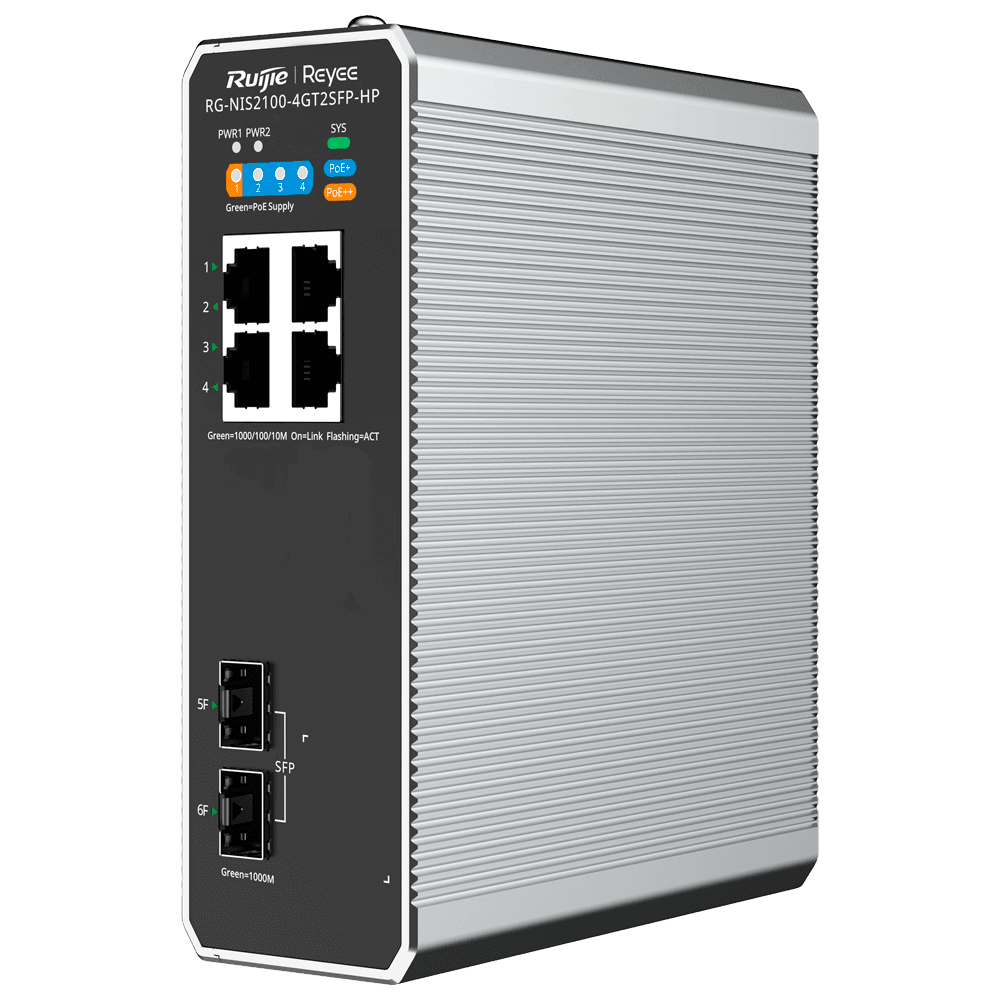 Switch Industrial Gerido REYEE RG-NIS2100-4GT2SFP-HP (10/100/1000 Mbit/s - 12 Gbit/s - L2 - Preto e Aço Inoxidável)