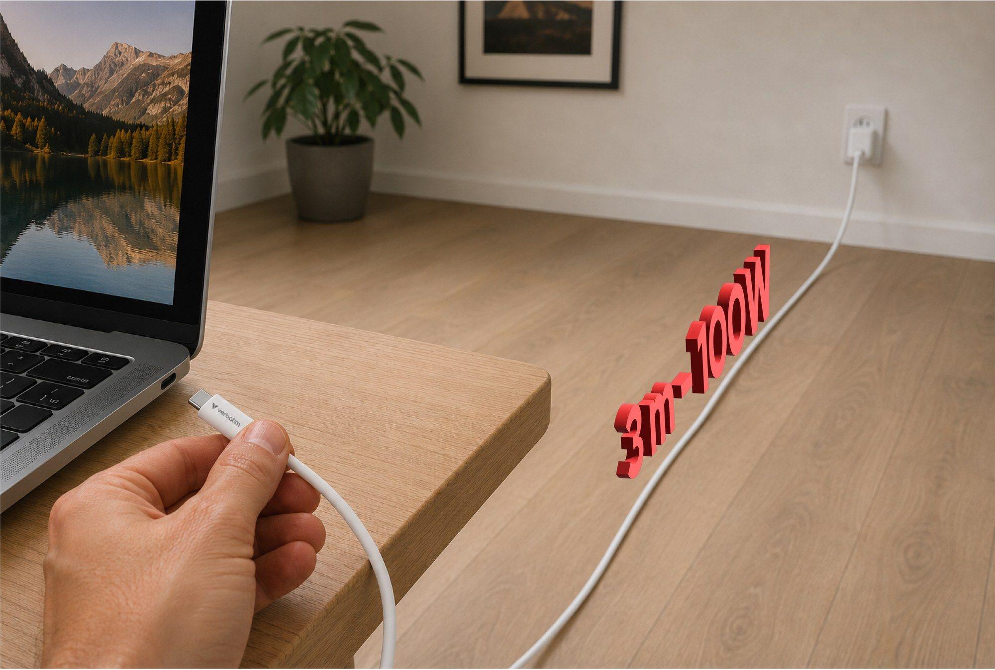 Cabo USB-C para USB-C VERBATIM 32409 (3 m - USB C - Branco), miniatura 3
