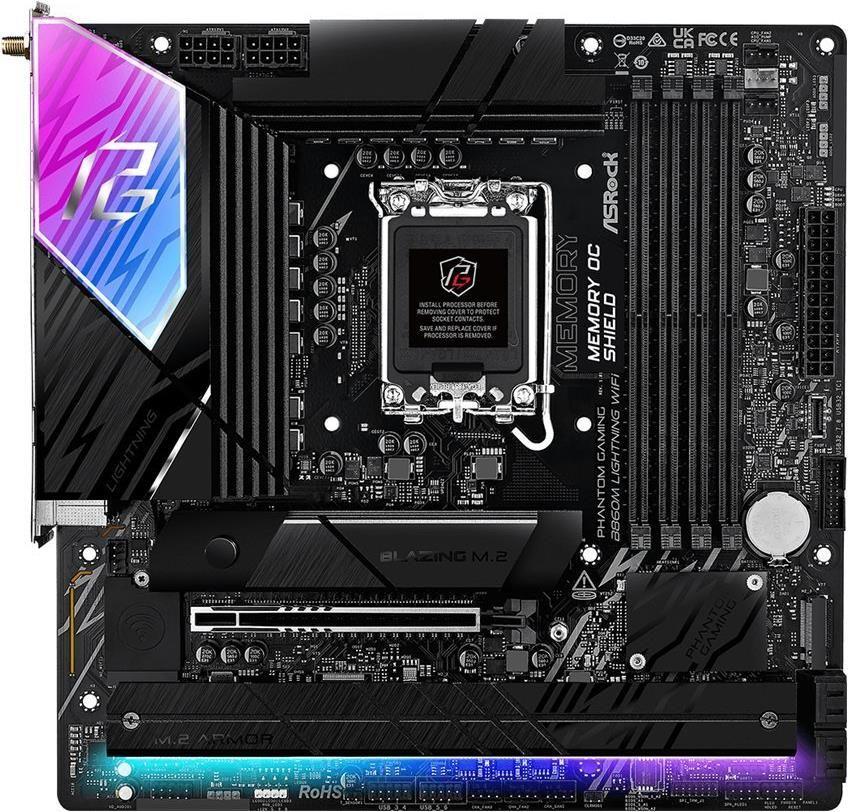 Motherboard ASROCK Phantom Gaming B860M Lightning WiFi (LGA 1851 - Intel Core Ultra - micro-ATX - Preto)