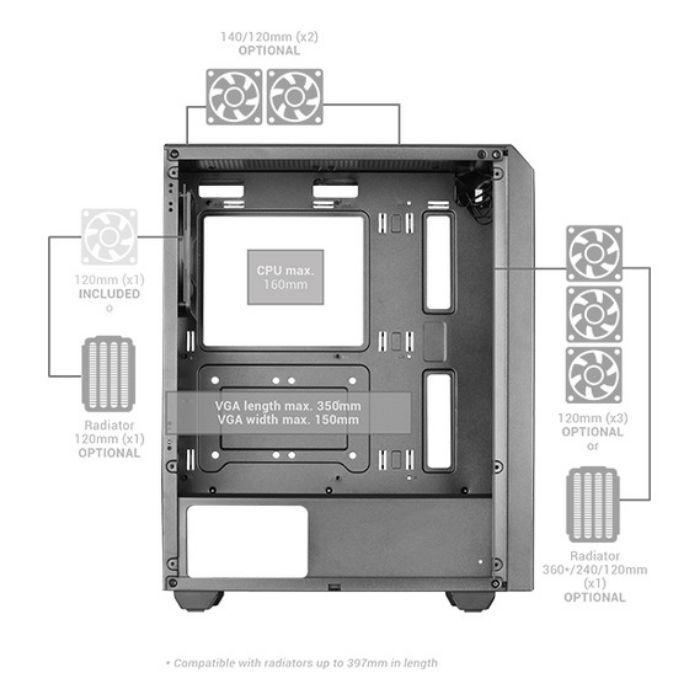 Caixa PC MARS GAMING MC-Q3 (ATX, micro ATX, Mini-ITX - Midi Tower - 16 cm - Cinzento) — miniatura 3