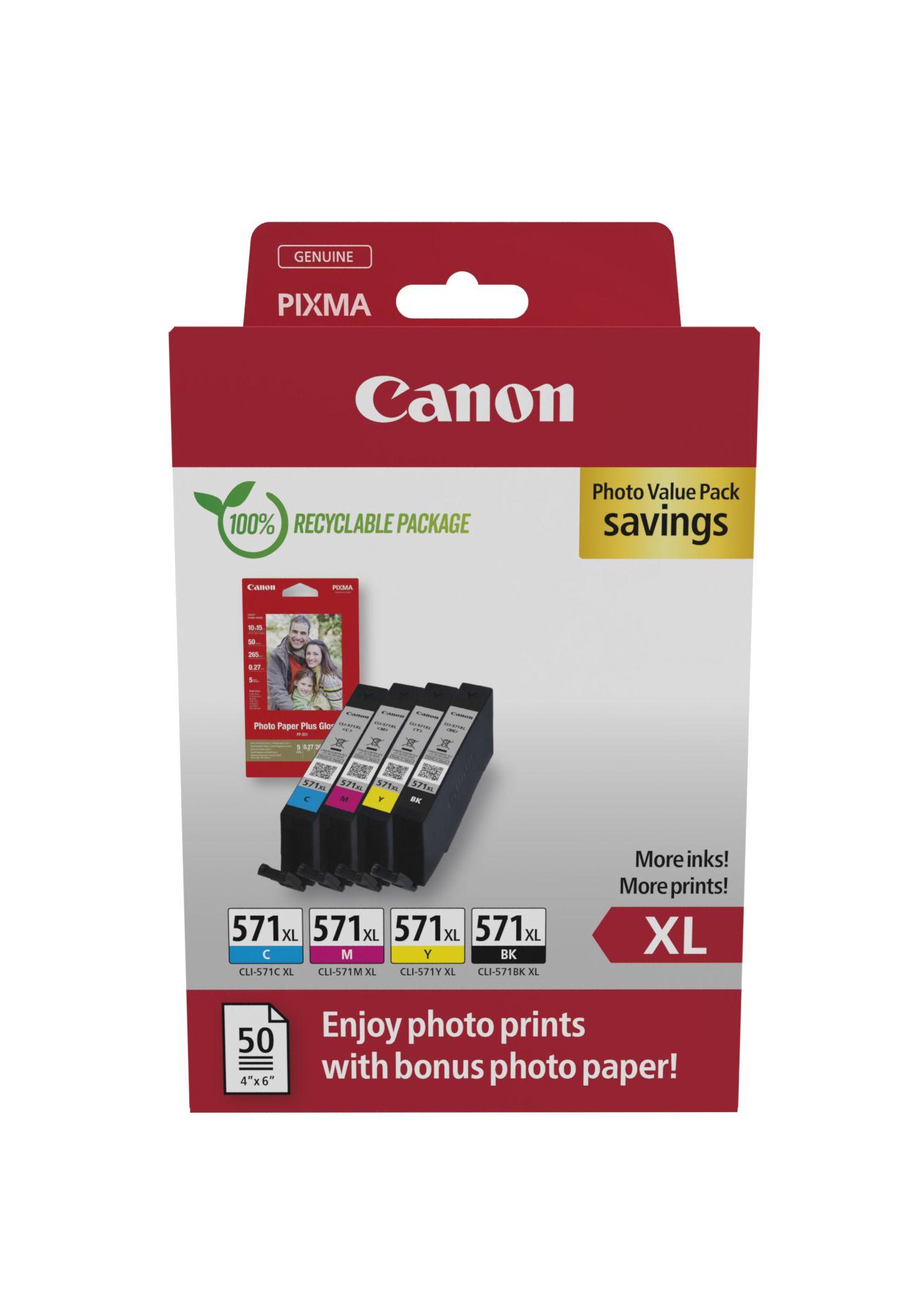 Pack de Tinteiros CANON 0332C006 (CLI-571XL - 4 Unidades + 50 Folhas Fotográficas 10 x 15 cm - Preto, Ciano, Magenta e Amarelo)