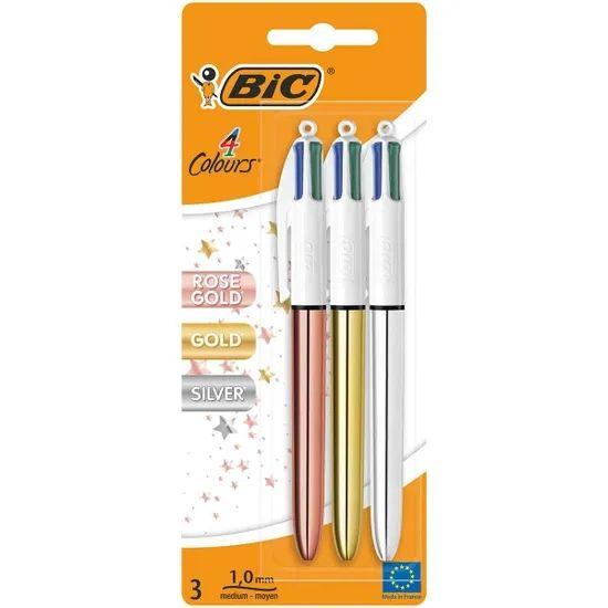 Pack de 3 Canetas Esferográficas BIC 4 Colours (Dourado, Prateado e Ouro Rosa)