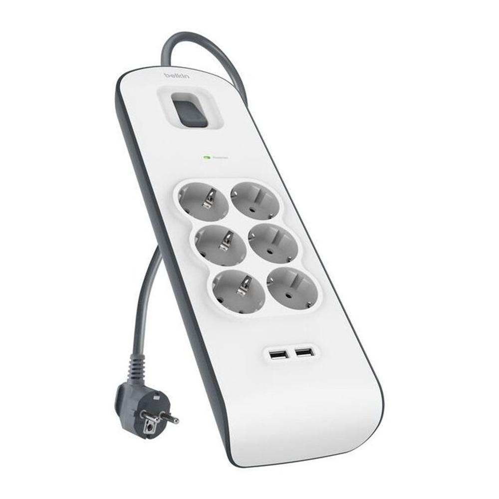 Bloco de Tomadas com Proteção contra Sobretensões BELKIN BSV604VF2M-V2 (2 USB-A - CA com ligação à terra - Cinzento e Branco)