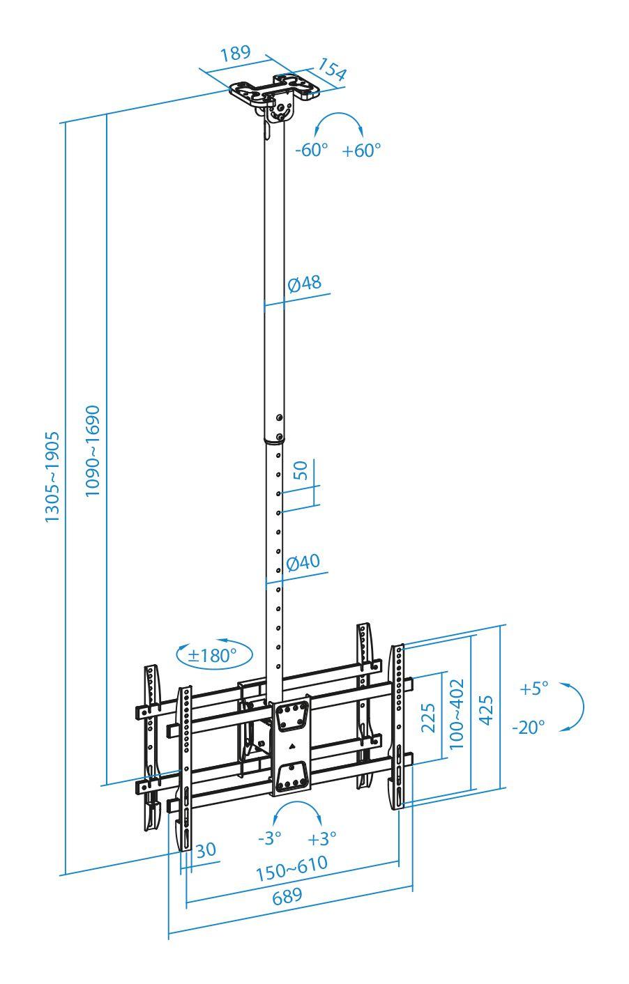Suporte de Teto Duplo TOOQ LPCE2286TSLI-XL-B (600 x 400 mm - 200 x 200 mm - 2,18 m - Preto), miniatura 7