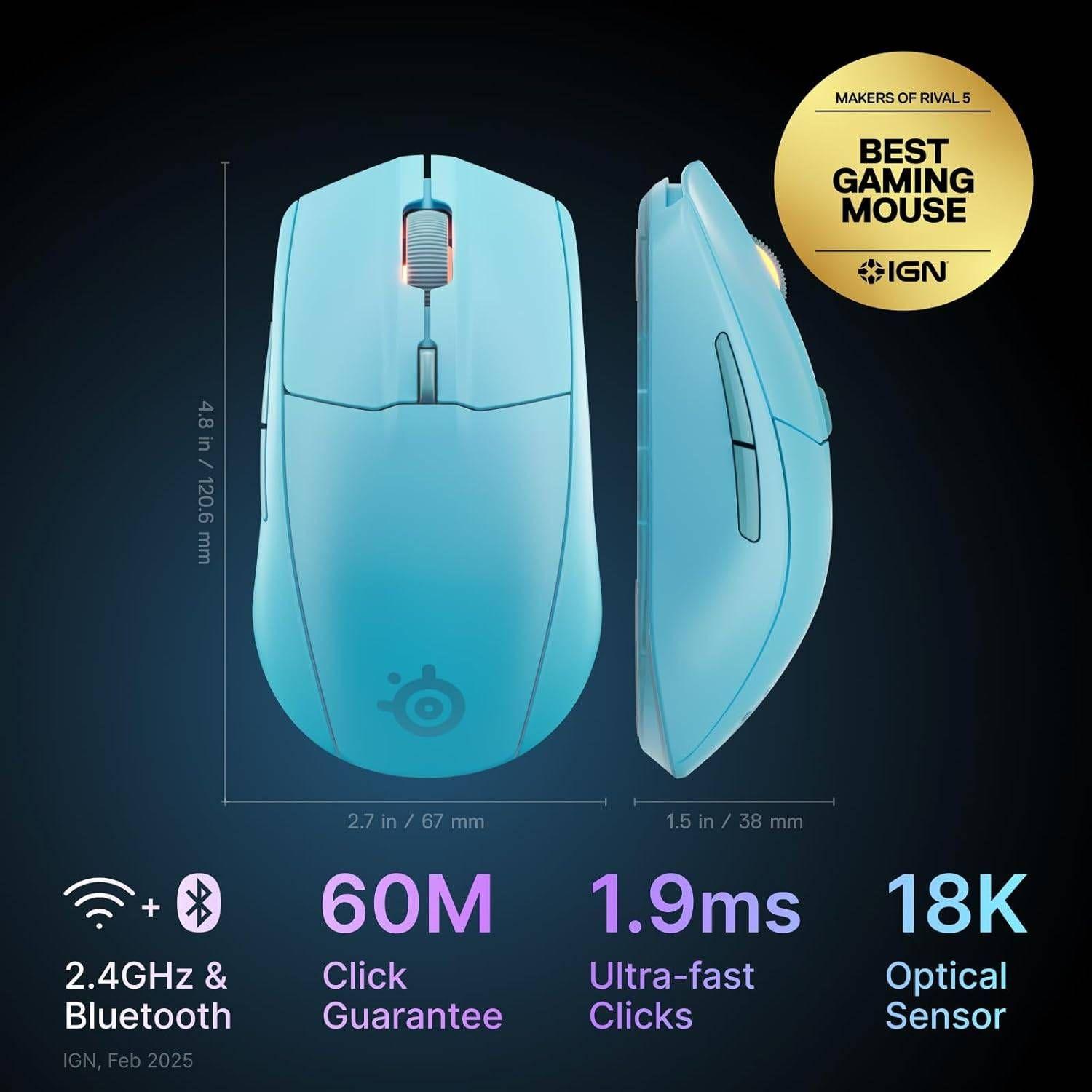 Rato STEELSERIES Rival 3 Wireless Gen 2 (Ambidestro - 18000 DPI - Ótico - Azul Claro) — miniatura 4