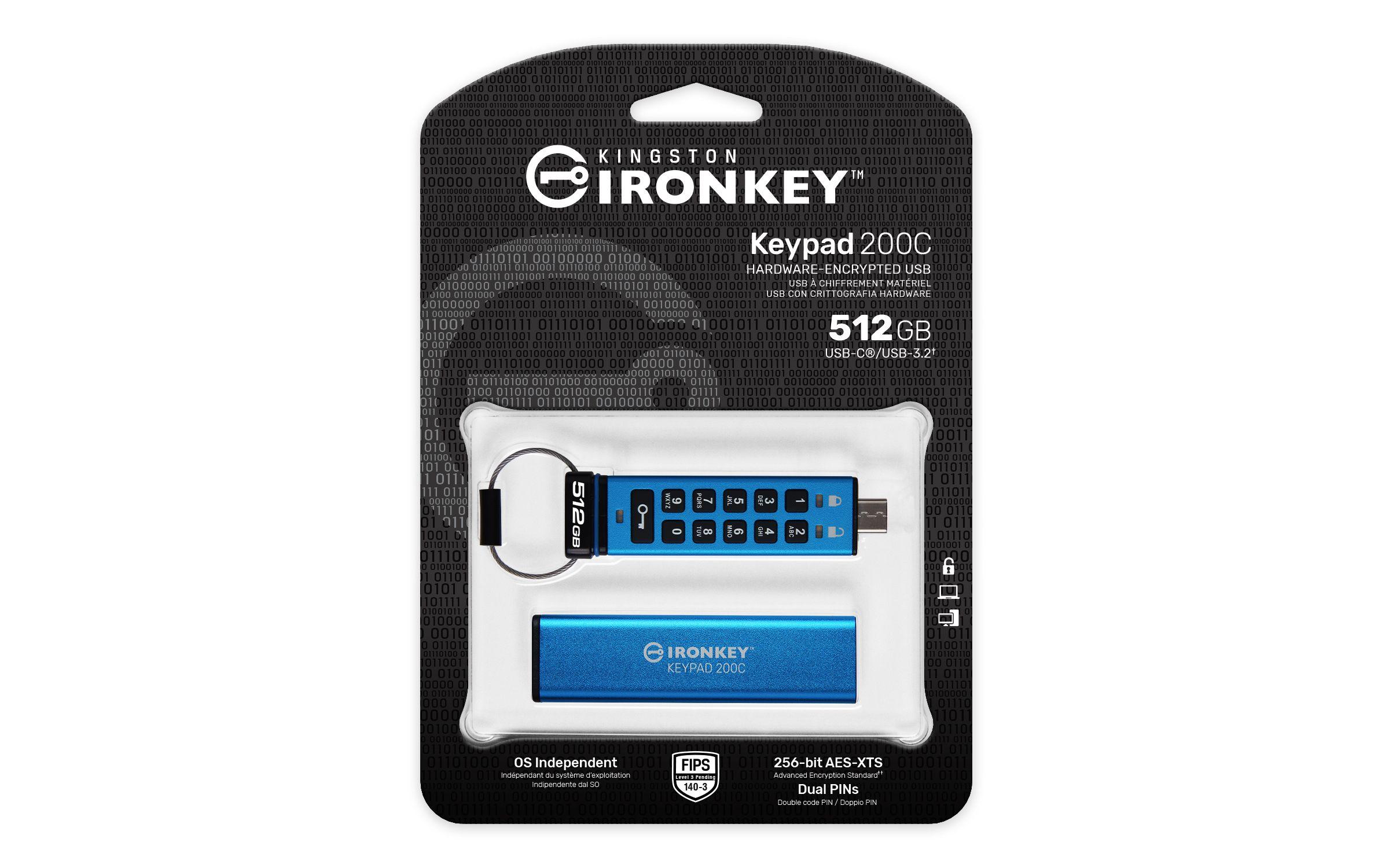 Pen USB KINGSTON IronKey Keypad 200 (512 GB - Manga - Sleeve - Azul), miniatura 3